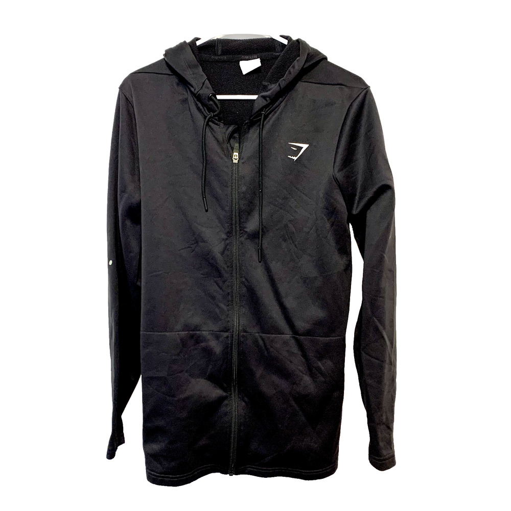 Gymshark Sweater Mens Size Medium Zip Up Black Hooded Logo Athletic Cotton‎